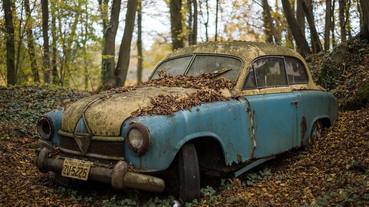 Carcasses de voitures alignées dans une casse automobile